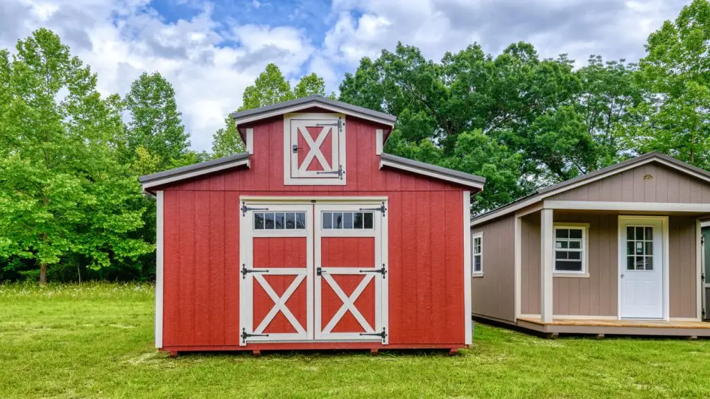 Red painted portable storage barn doors and loft storage